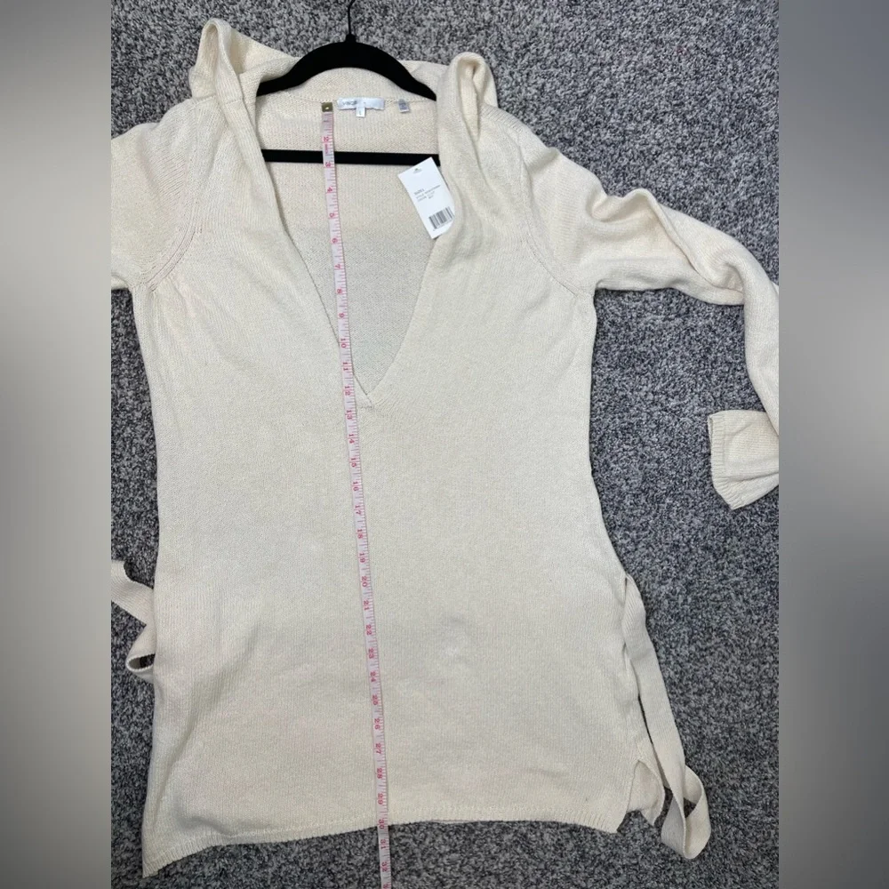 Vince New Ivory Cotton Hoodied Deep V Belted Knit Pullover L Coastal Designer - Picture 9 of 9